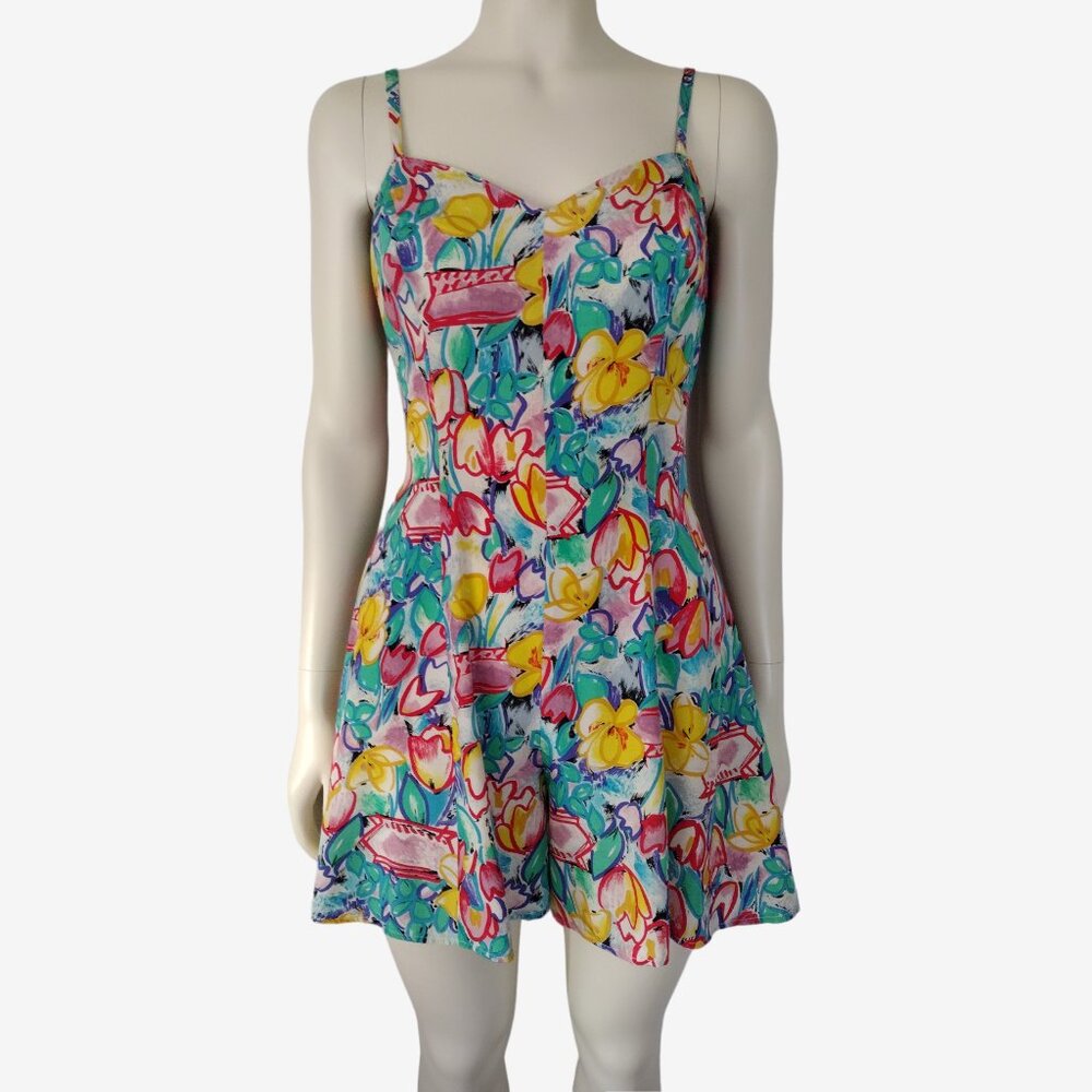 Vintage 1990s Colorful Rayon Funky Sweetheart Neck Wide Leg Romper